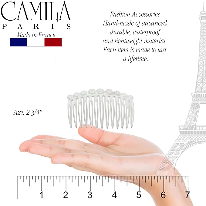 Camila Paris CP2900/2 French Hair Side Comb Small Rounded, White French Twist Hair Combs Decorative, Strong Hold Hair Clips for Women Bun Chignon Up-Do Styling Girls Hair Accessories, Made in France
