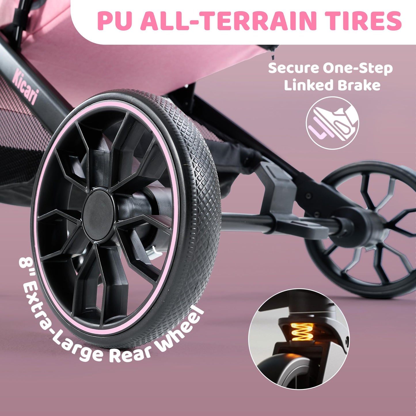 Kicari All-Terrain Dog Stroller for Small to Medium Dogs, Pet Stroller for Dogs & Cats Outdoor Walks, One-Hand Easy Fold, Double-Layer Anti-UV & Waterproof Canopy & Breathable Mesh, Sakura Pink