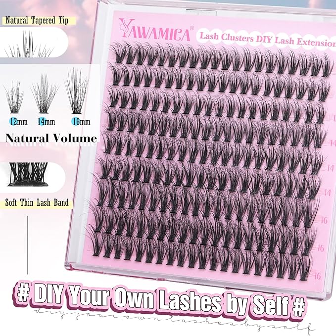 Yawamica Eyelash Clusters Natural Lash Extension 12-16mm Wispy Lash Clusters C Curly Individual Lashes Fluttery Cluster Eyelash Extensions False Eyelashes Clusters DIY Lash for Beginners