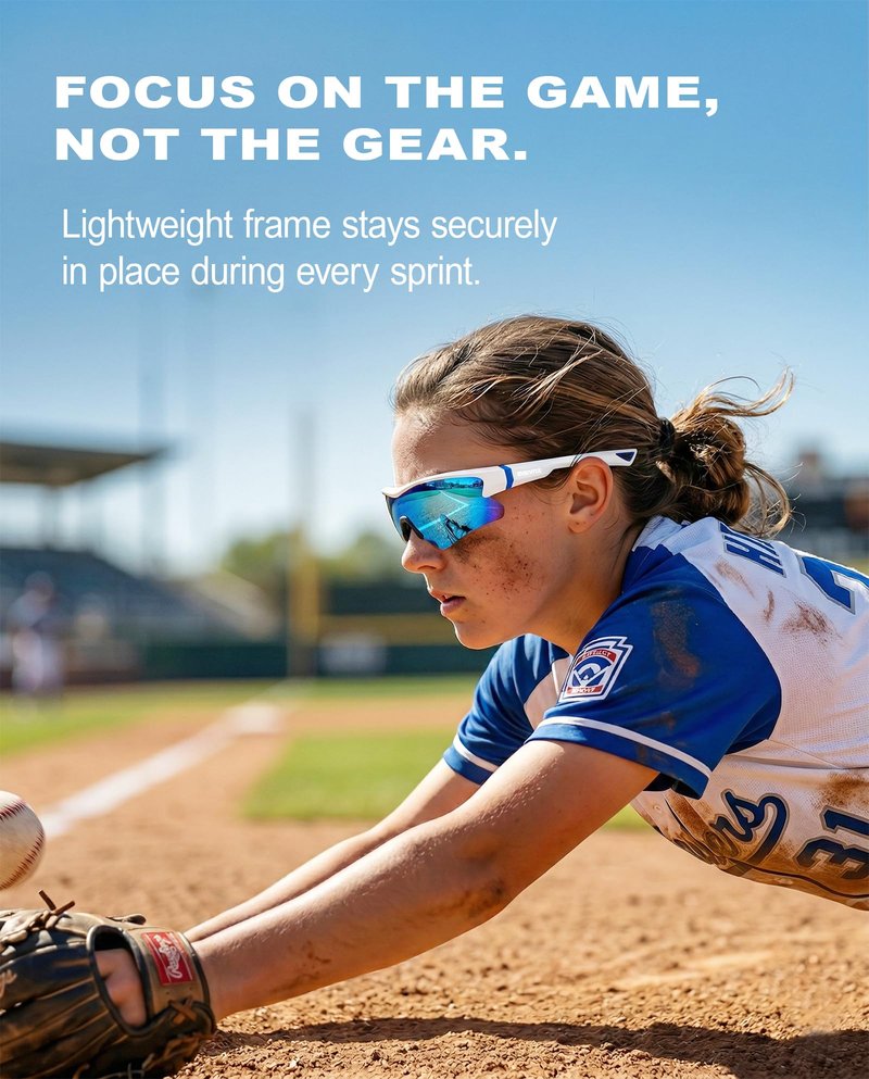 maivnz Youth Baseball Sunglasses for Boys and Girls Ages 6-12, Kids Sports Glasses for Softball Cycling, Helmet Compatible（White/Blue
