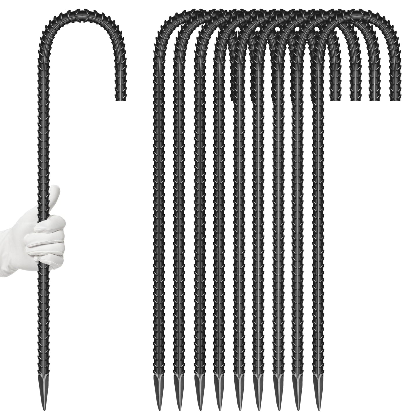 10 Pieces 16-Inch Garden Ground Stakes Galvanized Steel J Shape Hook Rebar Stake - Heavy DutyAnchors for Tents, Position Kits,Fences, and Trampolines