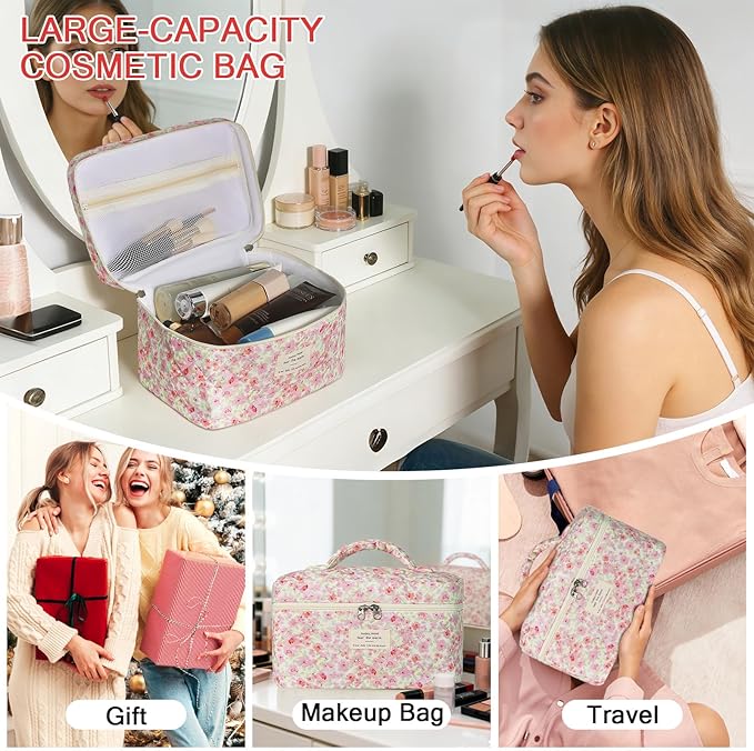 Gosect 1pc Large Makeup Bag, Cute Cosmetic Bag for Women Girls, Floral Coquette Aesthetic Toiletry Bag, Travel Make Up Organizer Bag (Pink Floral Print