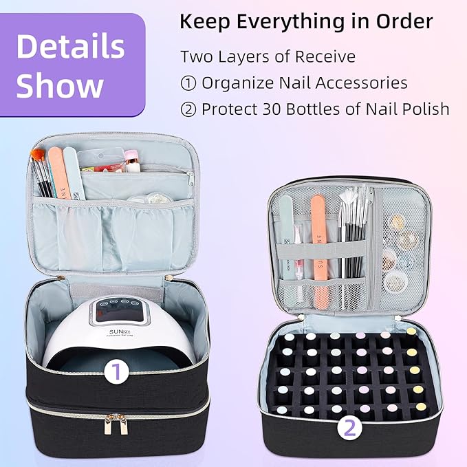 Nail Polish Organizer Holds 30 Bottles (15ml - 0.5 fl.oz) Double-layer Gel Nail Polish Kit Case, Nail Holder for Nail Lamp, Portable Nail Organizer and Storage for Nail Supplies (Black)