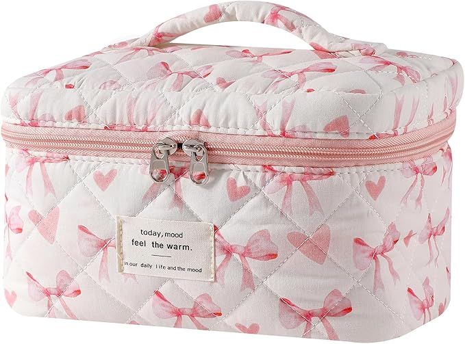 uekeboag Large Travel Quilted Makeup Bag for Women, Floral Cotton Cosmetic Bag, Coquette Aesthetic Floral Toiletry Organizer Bag