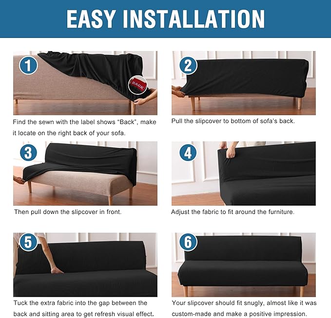 H.VERSAILTEX Armless Futon Cover Stretch Sofa Bed Slipcover Protector Elastic Feature Rich Textured High Spandex Small Checks Jacquard Fabric Futon Cover, Machine Washable, Black