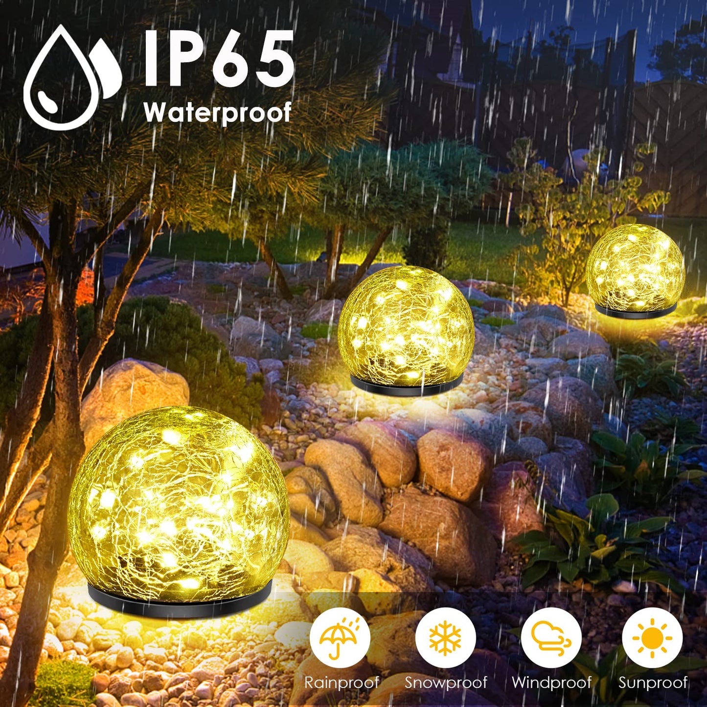 Keevvon Solar Garden Lights, 2 Pack 80 LED Cracked Glass Solar Globe Lights Outdoor Decoration, Upgraded Waterproof Warm White Ball Lights for Yard Pathway Patio Lawn Christmas Outside Decor, 5.9"