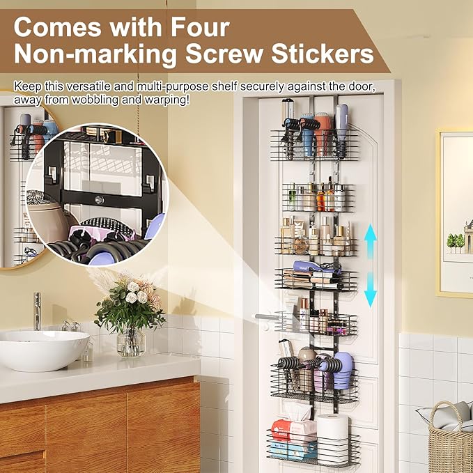 Yuyetuyo 7-Tier Over The Door Organizer, Shower Caddy Hanging &Wall Mounted Hair Tool Organizer/Hair Dryer Holder Adjustable, Behind Door Storage for Bathroom Bedroom Closet Cabinet Pantry Kitchen