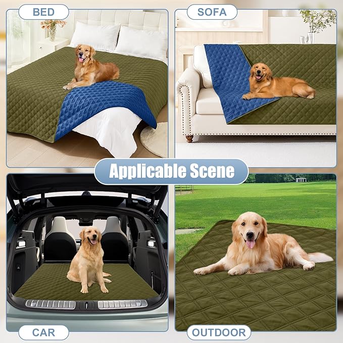 Smiry Waterproof Dog Bed Cover Pet Blanket, Soft Washable Dog Blanket for Furniture Bed Couch Sofa Reversible, Checkered (82"x120", Green/Navy)
