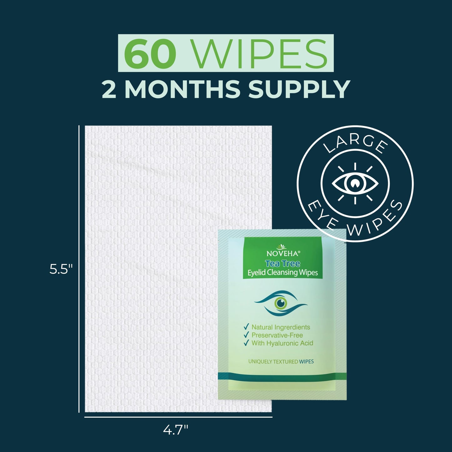 NOVEHA 180PCs Tea Tree Oil Eyelid & Lash Wipes With Hyaluronic Acid, Green Tea & Chamomile For Blepharitis & Itchy Eyes, Individually Wrapped Eyelash Wipes Natural Makeup Remover & Daily Cleanser