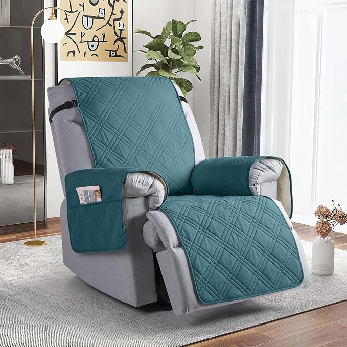 TAOCOCO Waterproof Recliner Chair Covers 30 Inch Wide, Oversized Recliner Covers for Recliner Chair with Pocket, Recliner Slipcovers with Straps Furniture Protector for Kids Pets (30'', Peacock Blue)