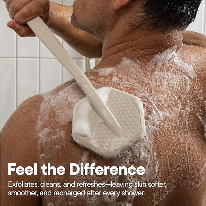 TOOLETRIES Silicone Back Scrubber for Shower, Exfoliating Body & Bath Brush, Long Ergonomic Handle, Non-Slip Grip for Hard-to-Reach Areas, Hygienic Silicone Bath Accessory for Men & Women - Sand