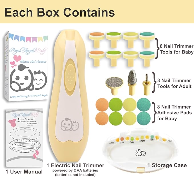 Royal Angels Upgraded 21 in 1 Baby Nail Trimmer with Labeled Case, 13 Extra Replacement Pads, Safe Electric Baby Nail File Kit for Newborn & Toddler, Whisper Quiet Nail Clipper with LED Light (Yellow)
