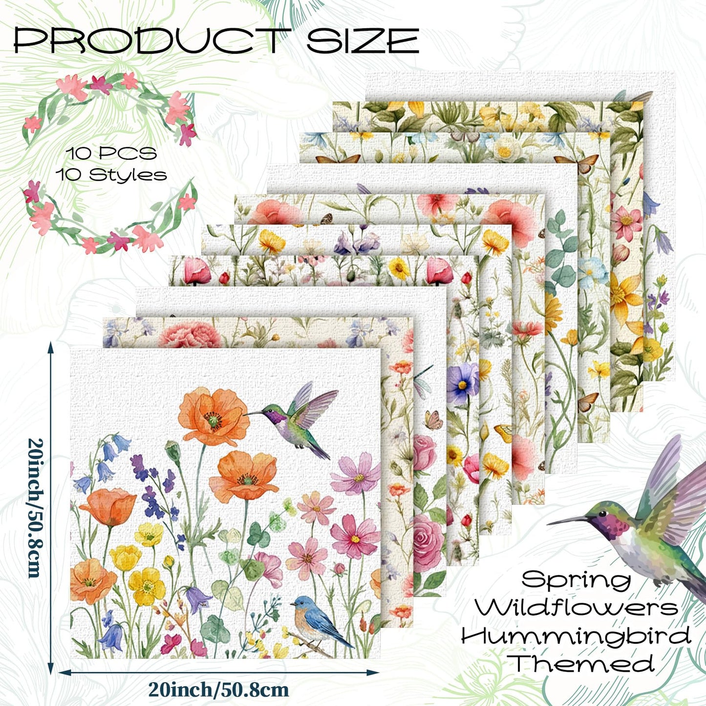 Hahafelt 10 Pcs Spring Wildflower Quilting Fabric Bundles 20 x 20 Inch Floral Hummingbird Butterfly Fat Quarters Squares Fabric by The Yard Precuts Patchwork for Summer DIY Sewing Craft Party Decor