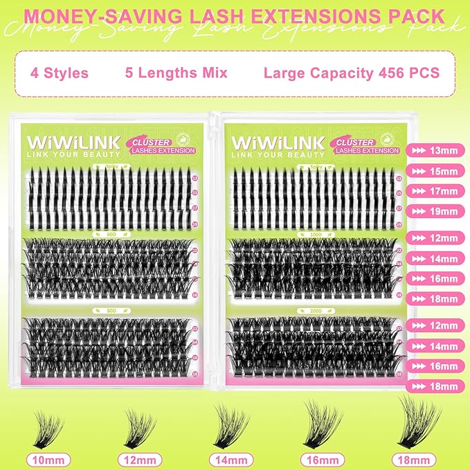 Lash Clusters Kit with Spikes Lashes Clusters Wispy 60D+80D+100D+200D Manga Eyelash Clusters D Curl 456PCS Cluster Eyelash Extensions Volume 12-18mm Individual Anime Lashes Kit Bond&Seal by WiWiLINK