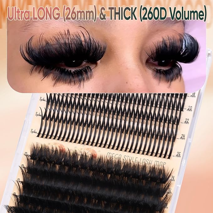 Lash Clusters with Bottom Lashes Spike Long 26mm Lash Clusters with Spikes 260D Volume Eyelash Clusters DIY Cluster Eyelash Extensions Mega Style Individual Bottom Lashes Extension by CORUSCATE