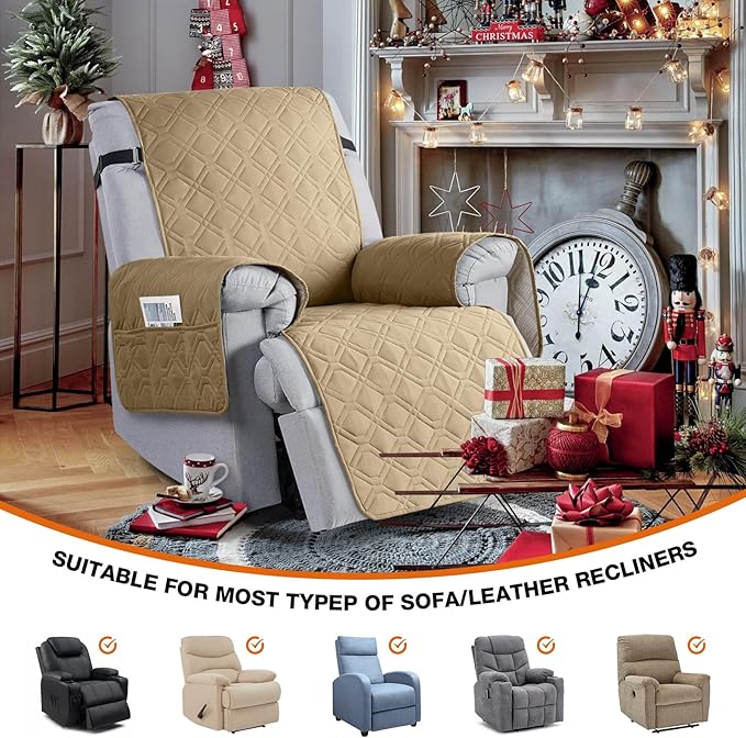 VANSOFY 100% Waterproof Recliner Chair Covers, Recliner Cover Non-Slip Dog Chair Cover Furniture Protector Washable Slipcover with Pocket, Elastic Straps for Pets, Dogs(Sand, 23.6")