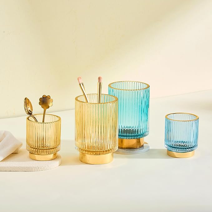 Makeup Brush Organizer, Toothbrush Holder, Desk Pen Pencil Holder, Multifunctional Vintage Glass Brush Cup (S/Gold/A3-12-US)