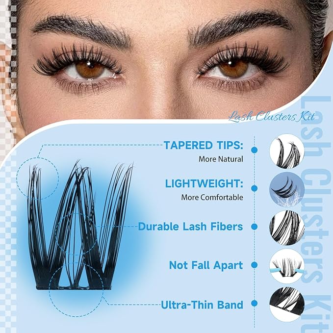 KEVKEV Lash Clusters Kit 144pcs Flora Lashes Clusters 8-18mm Lash Extension Kit Thin Band Eyelash Extension Kit Lash Clusters with Lash Bond and Seal Eyelash Clusters Kit DIY Lash At Home(Kit-K03)