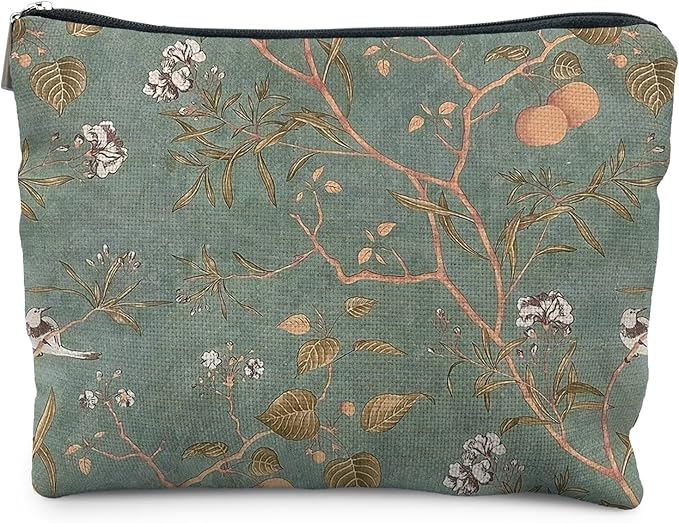 Vintage Floral Bird Makeup Bag, Chinoiserie Green Floral Cosmetic Bags for Women, Rustic Country Botanical Zipper Makeup Pouch