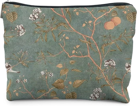 Vintage Floral Bird Makeup Bag, Chinoiserie Green Floral Cosmetic Bags for Women, Rustic Country Botanical Zipper Makeup Pouch