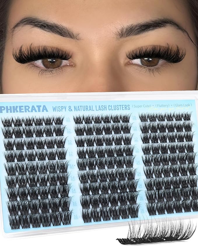 PHKERATA Fluffy Lash Clusters Wispy Eyelash Clusters Natural C Curl Cluster Eyelash Extensions Volume Individual Lashes DIY Eyelash Extension with Soft Thin Band, 10-16mm
