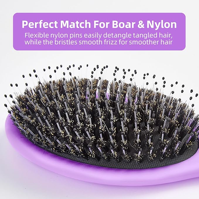 Boar Bristles Hair Brush for Women and Men, Detangling Hair Brush for Smoothing Massage Add Shine, Nylon&Boar Bristles Detangler brush for Hair Healthy (1 Pack-Purple)