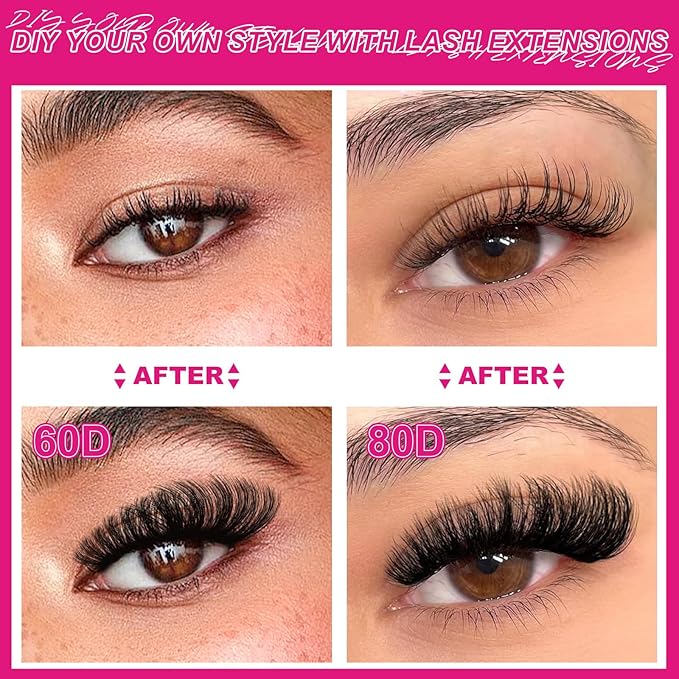 Fowendia Lash Clusters Kit Fluffy 60D 80D Individual Lashes D Curl Cluster Eyelash Extensions 10-18mm DIY Lash Extension Kit Lash Bond and Seal Waterproof, Lash Applicator, Thick False Eyelashes Kit