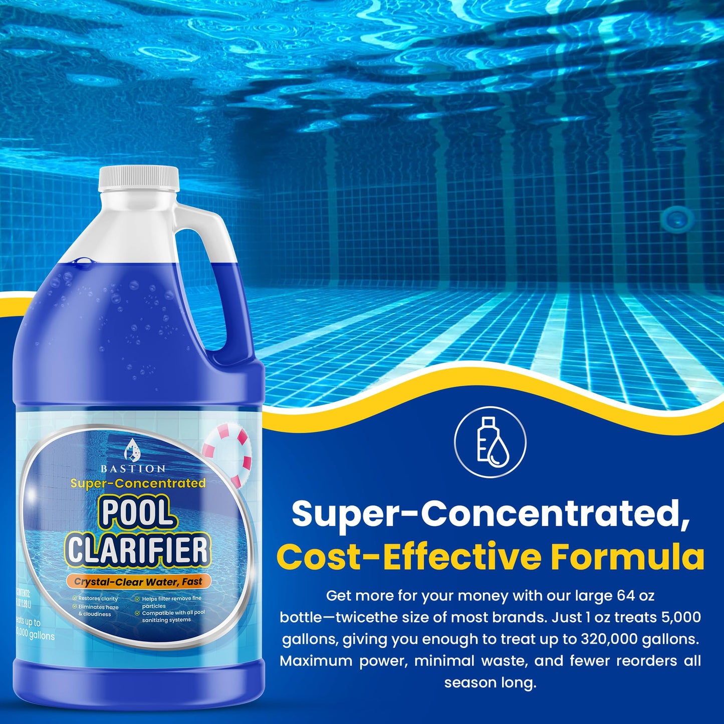 Pool Clarifier & Water Flocculant – Super Concentrated Floc for Cloudy Above Ground & Inground Swimming Pools – 64 oz – Chlorine, Saltwater, Chemicals Compatible – 1 oz Treats 5,000 Gallons
