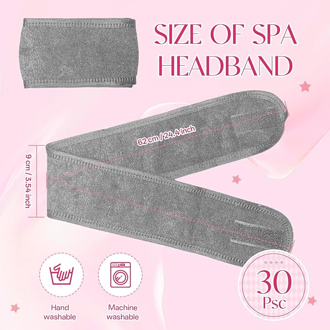 80 Pack Adjustable Spa Headband for Women Non-Slip Facial Hair Wrap for Washing Face, Makeup, Shower, Skincare, and Yoga (Grey, 80)