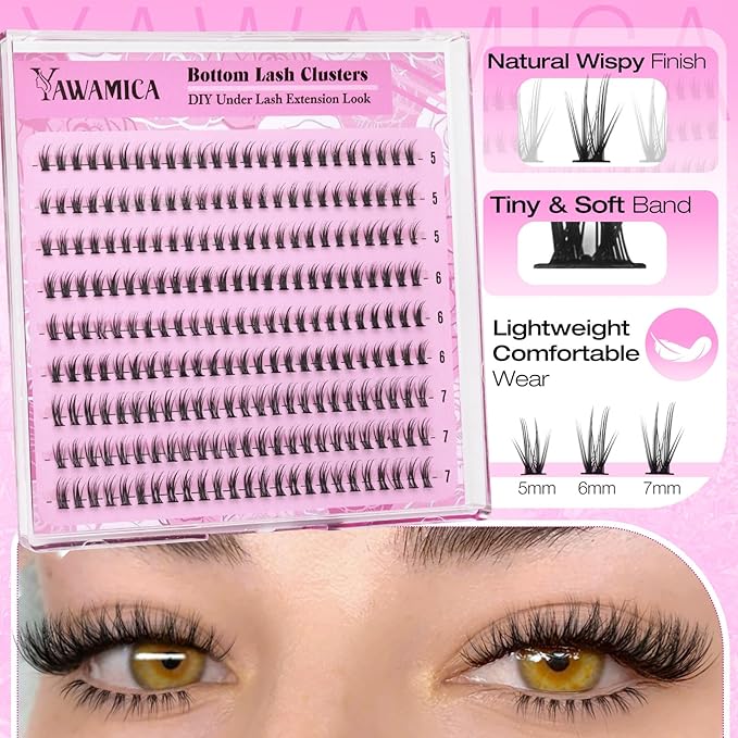 Bottom Lash Clusters 5-7mm DIY Lower Lash Extensions Natural Wispy Bottom Individual Lashes Clusters Tiny Soft Band Eyelash Clusters Under Cluster Lashes for Bottom Eyelash Extensions by Yawamica