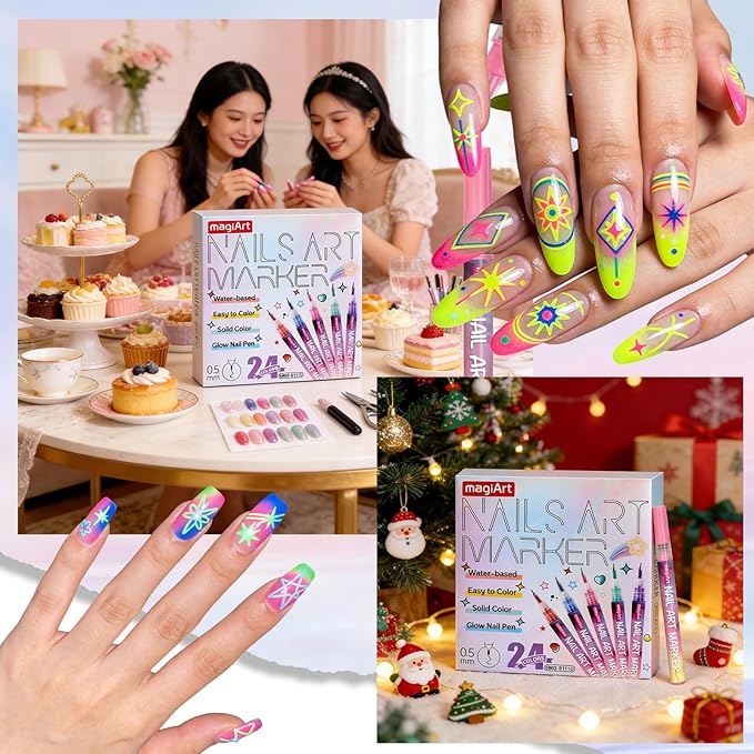 24 Color Nail Art Pens, Classic & Neon Nail Markers Set 0.5 MM Fine Tip Nail Polish Pens Drawing Painting Point Liner Painted Pen Kit, Waterproof DIY Nails Art Design Manicure Tools