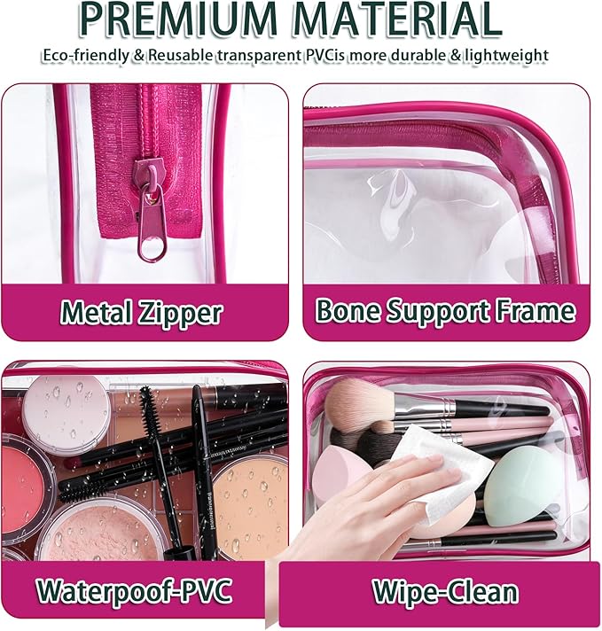 18 Pieces Small Clear Makeup Bags Bulk, TSA Approved Toiletry Bag PVC Clear Cosmetic Pouch with Zipper, Waterproof Vinyl Plastic Organizer Case for for Women Carry-on Travel Essentials (Rose Red)