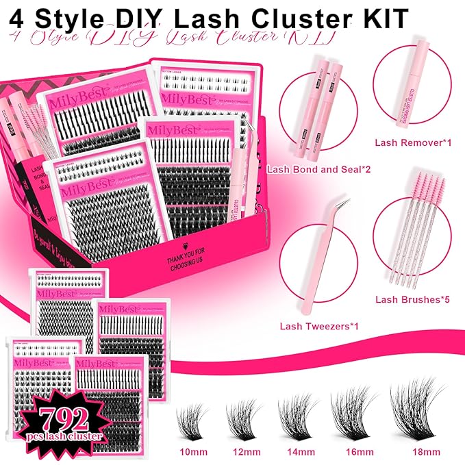 MilyBest Lash Clusters Kit with Spikes/Bottom Lashes Clusters 792Pcs Wispy DIY Lash Cluster Kit 4 Styles Curl Individual Eyelashes Pack with 2 Bond&Seal Volume Bulk Cluster Eyelash Extensions Kit