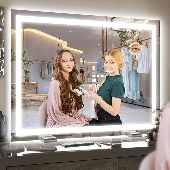 ROLOVE 40x28 Inch Lighted Vanity Mirror, 3-Color Lighting & Dimmable Modes, Large LED Makeup Mirror for Bathroom/Dressing Room (Wall/Tabletop Mount, White)
