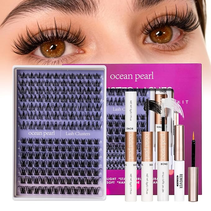 Ocean Pearl Lash Clusters Kit 154pcs,10-18mm manga/anime-inspired lashes clusters,spike-effect cluster lashes,Eyelashes,DIY Cluster Eyelash Extensions kit with lash bond+seal+remover+tweezers-M31+M34
