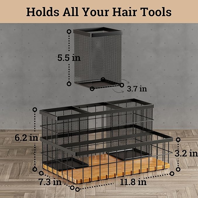 HB Design Co. Hair Tool Organizer - Countertop & Under Sink - Breathable Metal & Bamboo - Hot Hair Tools Organizer - Black