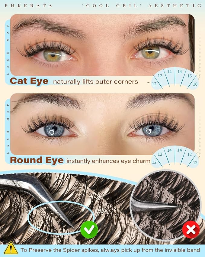 PHKERATA Spider Natural Lash Clusters Wispy Eyelash Clusters, Fluffy Cluster Eyelash Extensions with Invisible Clear Band, Russian D Curl 12-14-16mm DIY Individual Lashes