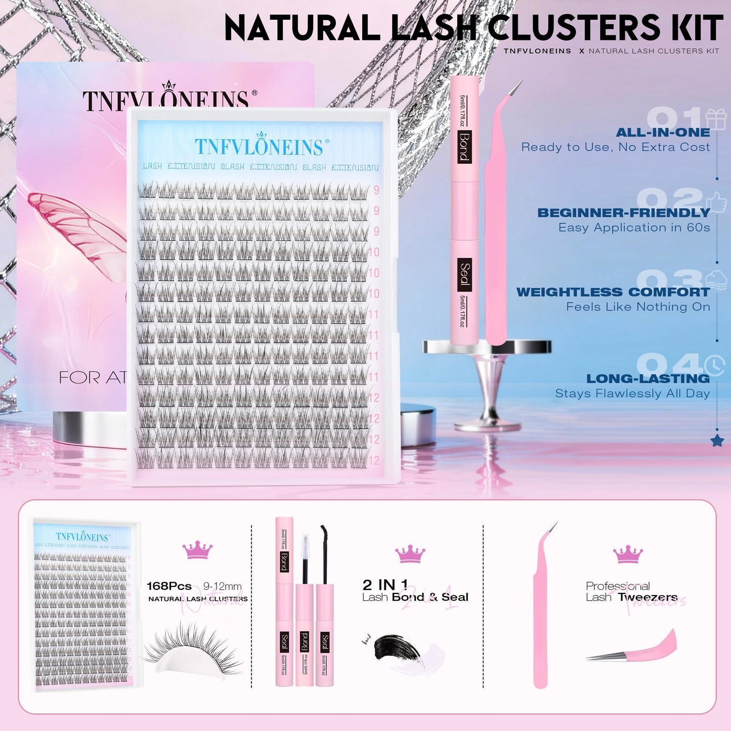 Natural Lash Extension Kit 168Pcs Lash Clusters Kit Wispy Eyelash Extensions 9-12MM Individual Lashes Extensions with Bond and Seal Lash Glue and Eyelash Extension Tweezers DIY at Home by TNFVLONEINS