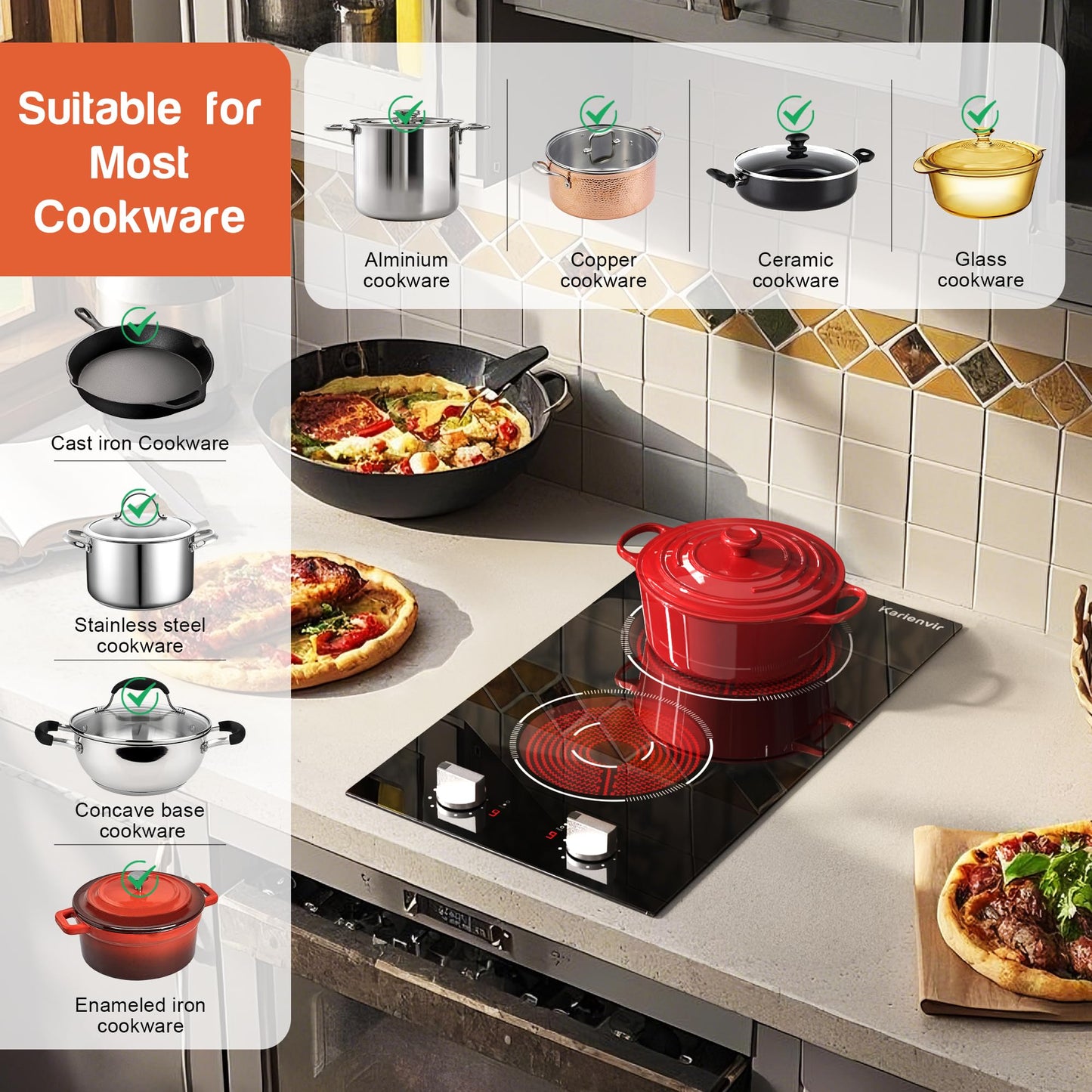 Karienvir 2 Burner Electric Cooktop, 12 Inch Countertop & Built-in Electrical Stovetop, 110V Electric Stove with Plug, Knob Control, 9 Power Level, 2000W(1400W+600W)