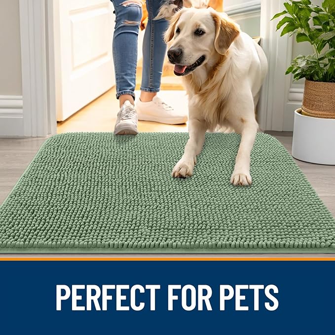 OLANLY Dog Door Mat for Muddy Paws 45x27, Absorbs Moisture and Dirt, Absorbent Non-Slip Washable Doormat, Quick Dry Chenille Mud Mat, Entry Indoor Entryway Carpet for Inside Floor, Olive Green