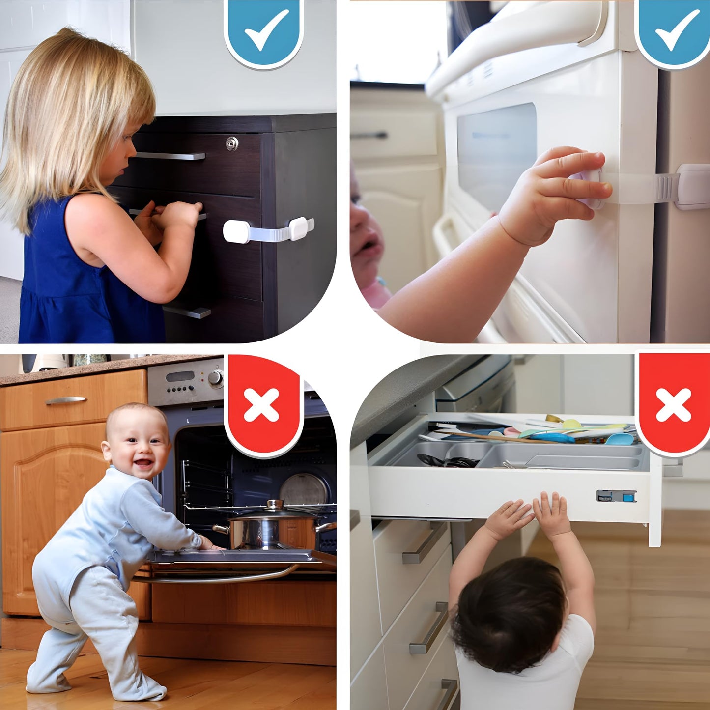 3M Adhesive Child Safety Strap Locks by Baby Proof Me, Baby Latches for Cabinets, Dishwashers, Fridges, Ovens and Trash Cans, Stain Free Toilet Lock (12 Safety Latches)