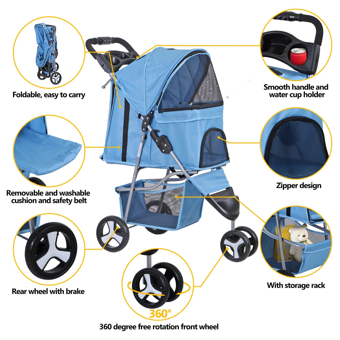 Foldable Pet Stroller for Cats and Dogs 3 Wheels Carrier Strolling Cart with Weather Cover, Storage Basket + Cup Holder (Blue)