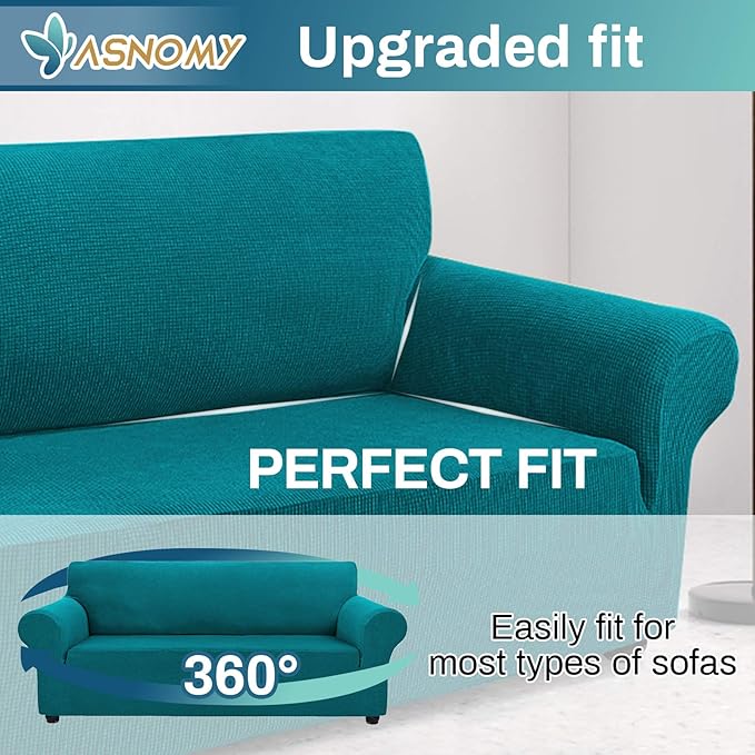 Asnomy Couch Covers for 3 Cushion Couch Stretch Sofa Covers Slipcovers, Pet Protector Furniture Covers for Dogs Cats Spandex Jacquard Fabric Small Checks（Large，Peacock Blue）