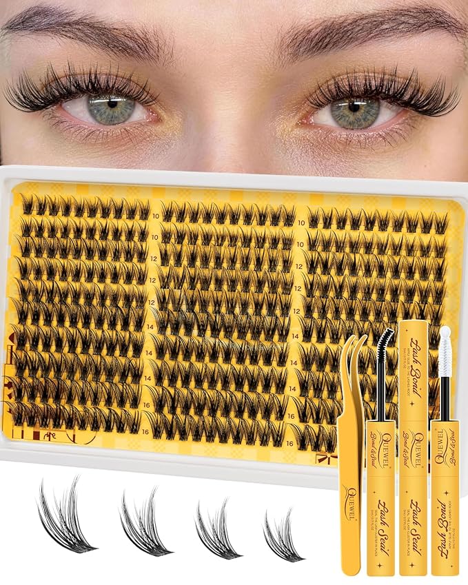 QUEWEL Lash-Clusters Kit 300PCS C Curl Wispy-Eyelash Clusters Lashes-Natural Look Cluster Lashes Extensions Kit with Lash Bond and Seal and Tweezers Natural Eyelash Clusters Use at Home (JS01-KIT)