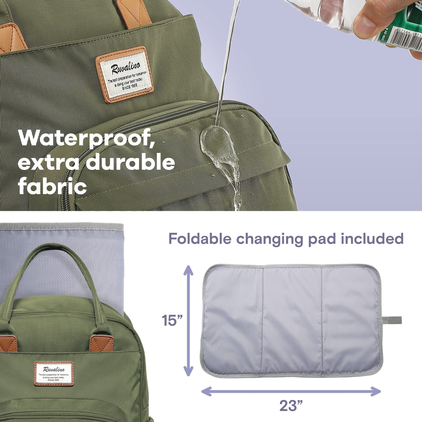 RUVALINO Diaper Bag Backpack-Expandable Baby Bag with up to 50% Capacity -Baby Essentials Bag with Changing Pad Insulated Bottle Holders & Pacifier Case, Waterproof, Army Green XL