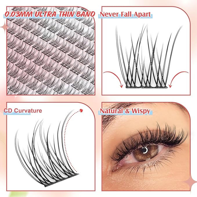 Wispy Lash Clusters Natural Cluster Lashes 180Pcs 9-12MM Individual Eyelash Extensions Short Wispy C Curvature Eyelash Clusters Lashes Super Thin Band by PHKERATA, 9-12MM
