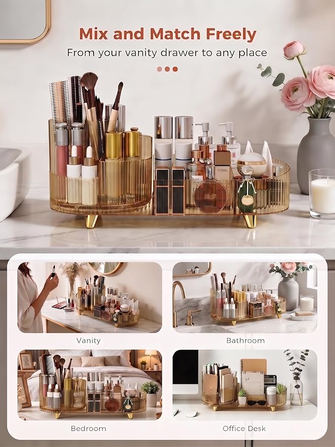 Booklov Rotating Makeup Organizer for Vanity, Large Capacity Cosmetic Display Case, Clear Acrylic Countertop Beauty Storage Holder for Skincare, Brush Eyeshadow Lipstick, Counter Desk, Crystal Amber