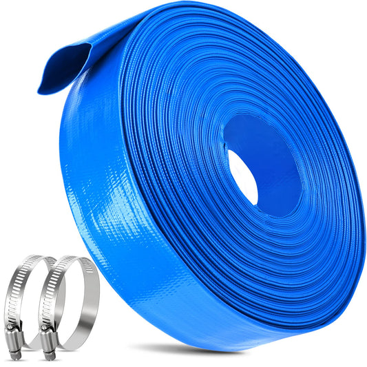 2 IN x 110FT Pool Backwash Hose Heavy Duty Drain Discharge Double PVC Layflat Hose with 2 Clamps, Weatherproof Burst Resistant for Water Transfer, Sump Pump, Pool Filter, Pool Drain (33.6M, Blue)