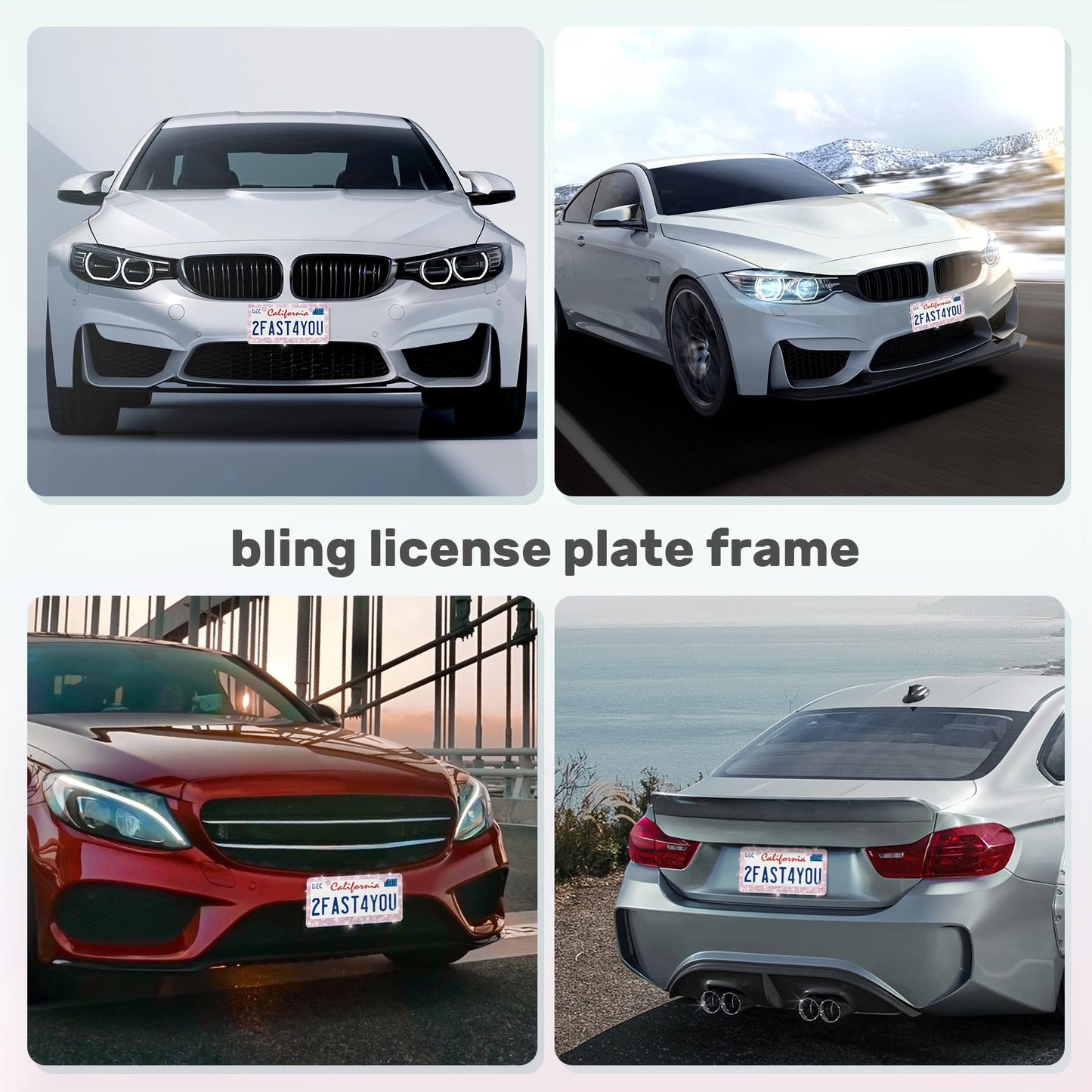 QUANQIUFEI 2 Pack Bling License Plate Frames, Sparkly Rhinestone Diamond Car License Plate Cover for Women, Stainless Steel Car Accessories with Glitter Crystal Caps (Light Rose)