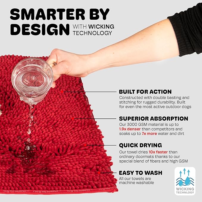 Dog Gone Smart Dirty Dog Doormat - Fast Drying Rug with Super Gripper Backing for Clean Floors - Super Absorbent and Machine Washable Mat for Muddy Paws - Maroon